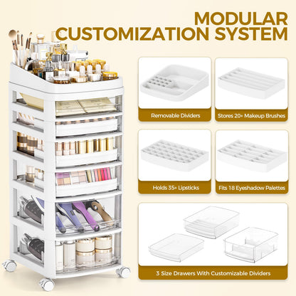 Rolling Cart with 6 Drawers, Clear Plastic Drawer Organizers, Vanity Cart