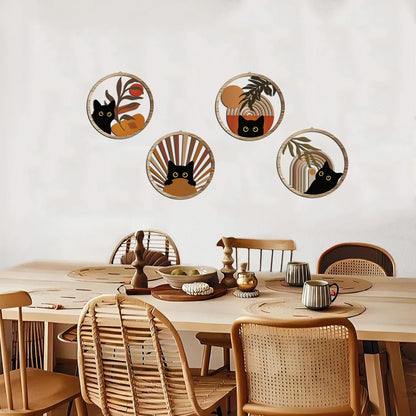 RETRART Boho Black Cat Wall Art Black Cat Room Decor Aesthetic, 4-Piece Farmhouse Geometric Wooden Cat Wall Decor Mid-Century Bohemian Moon Sun Design for Nursery, Bedroom Perfect Cat Lover Gifts