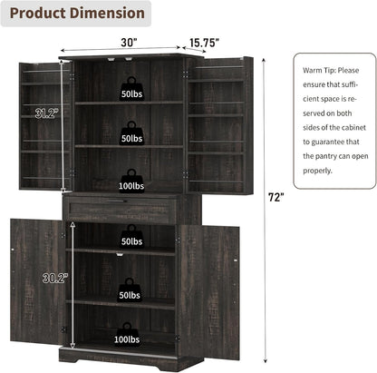 72'' Kitchen Storage Pantry Cabinet, Tall Storage Cabinet with 8 Door Shelves, 2 Cabinets and 1 Drawer, Freestanding Cupboard for Kitchen, Dining Room, Bathroom, Laundry, Living Room, Dark Rustic Oak