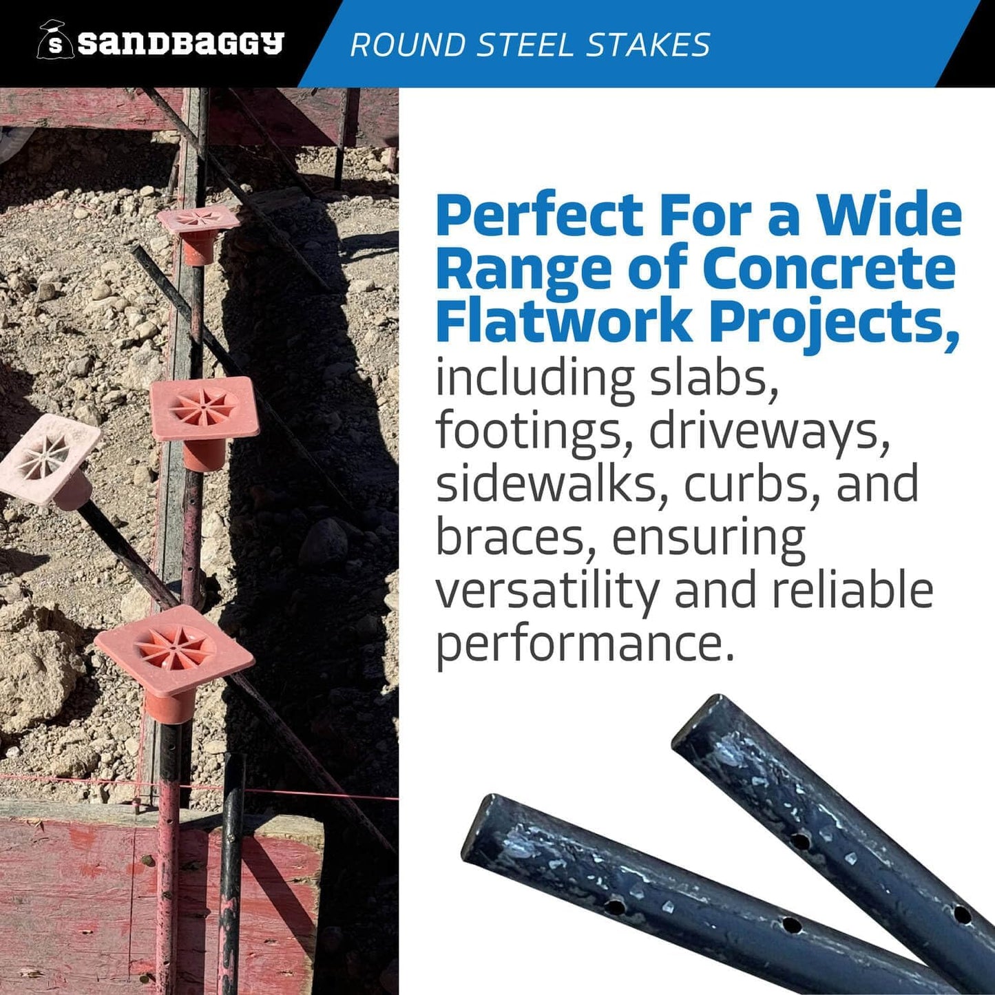 Sandbaggy Round Steel Concrete Form Stakes with Nail Holes - Rust Resistant Coating - Removable, Reusable (1, 3/4 in X 60 in)