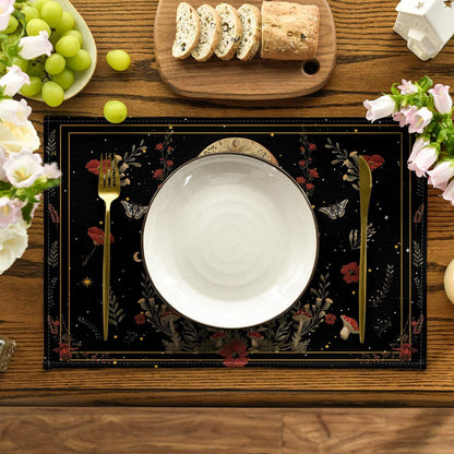 Artoid Mode Black Poppy Moth Moon Placemats Set of 4, 12x18 Inch Floral Spring Table Mats for Outdoor Home Party Kitchen Dining Decor