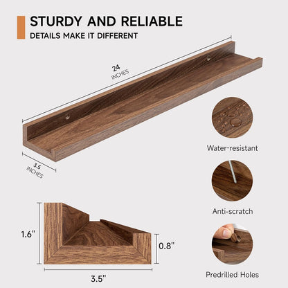 Fun Memories Picture Ledge Shelf, 24 Inch Floating Shelves Set of 2, Nursery Book Shelves for Toys Storage, Kids Bookshelf Wall Mounted for Wall Decor Books Photo Frames, Walnut