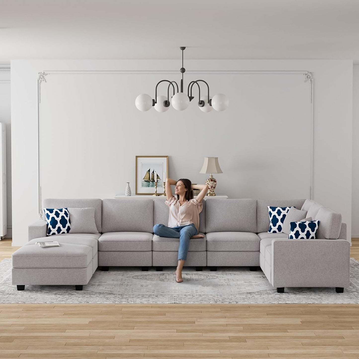 L Lengend Vansen Modular Sectional Sofa U Shaped Couch with Ottoman Modern Reversible Corner Sectional Couch for Living Room (Light Grey, U Shaped Sofa-5)