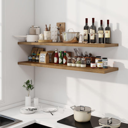 55" Floating Shelves for Wall, 12" Deep Slim Walnut Floating Shelves, Wall-Mounted Shelves for Bedroom, Living Room, Kitchen, Bathroom - Set of 2