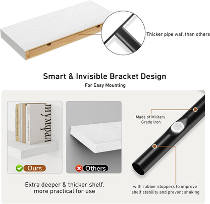 Fun Memories Deep Floating Shelves - 16" W x 9" D x 1.6" H Rustic White Wall Shelf - Wall Mounted Shelves for Storage - Wooden Shelves with Invisible Brackets for Living Room, Farmhouse - Set of 2