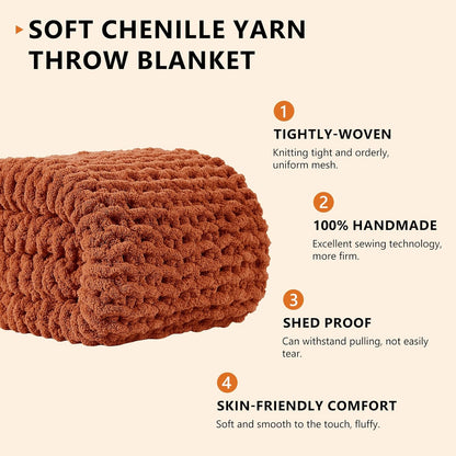 L'AGRATY Chunky Knit Blanket Throw: 80''x90'' Chenille Chunky Knitted Throw Blankets for Bed Couch - Handmade Thick Big Cable Knit Blanket - Large Crochet Rope Blankets for Home Decor(Rusty Orange)