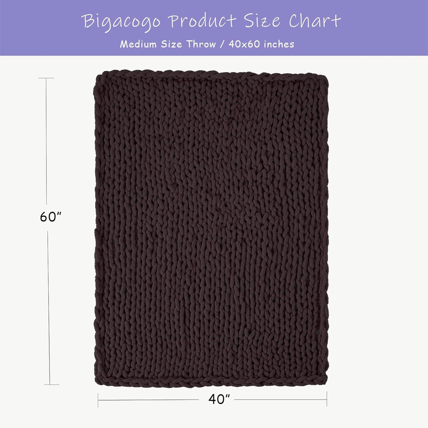Bigacogo Chunky Knit Throw Blanket for Couch, 40x60 inches, 100% Hand Knitted with Thick Jumbo Chenille Yarn, Cozy Soft Large Rope Knot Cable Crochet Blankets for Sofa Bed Living Room, Chocolate