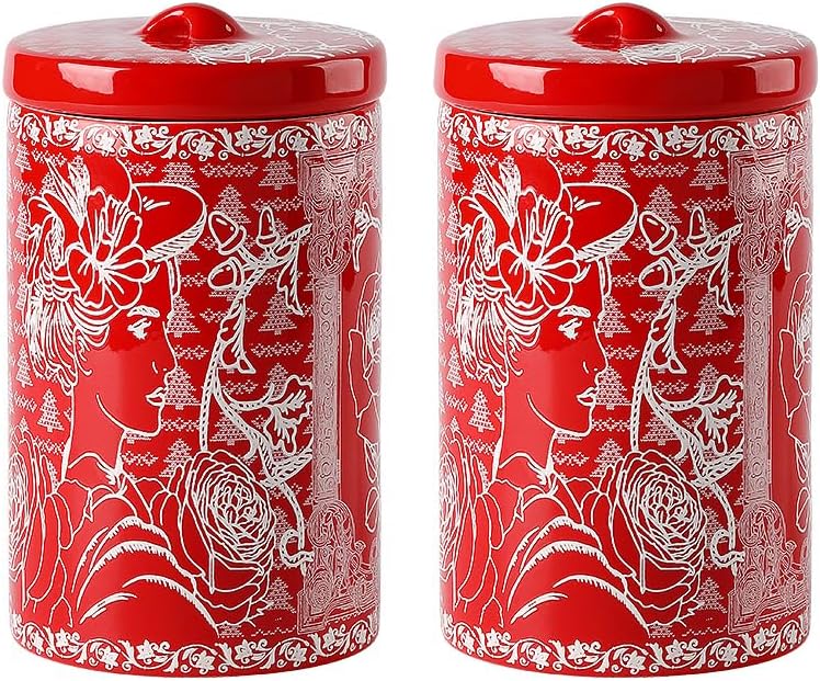 Porlien Lady Porcelain 15-ounce Canisters Set of 2, Food Storage Containers with Lid for Coffee Beans, Tea, Condiments & Nuts, Gifts for Mothers'Day, Thanksgiving, Christmas, Valentine’s Day