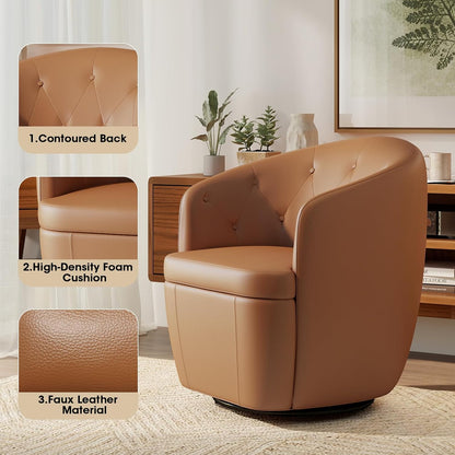 360° Swivel Leather Accent Chair, Modern Barrel Club Chair with Leather Upholstery and Sturdy Base, Comfortable Armchair for Living Room, Bedroom, Reading Nook, Brown