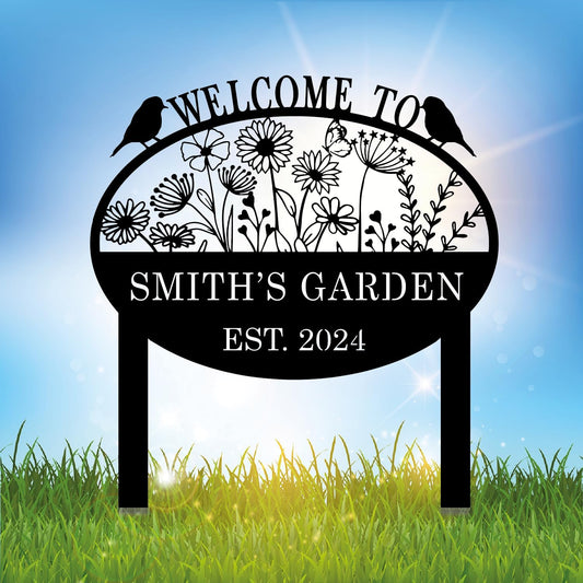 Custom Metal Flower Sign with Stakes - Personalized Garden Decor, Housewarming Gift - Large Yard Sign Plaque