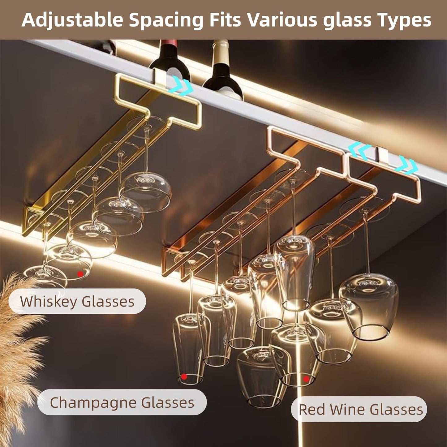 LINFIDITE 2 Pack Under Cabinet Wine Glass Rack Rose Gold Wine Glass Holder Stemware Rack Hanger Kitchen Hanging Storage Rack Organizer