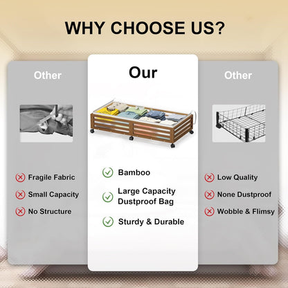 Under Bed Storage Containers With Wheels - 2 Pcs Large Bamboo Wood Rolling Underbed Shoe Storage Bins With Dust Bags for Clothes Blankets, Duvet Covers Snacks Toys (Walnut)