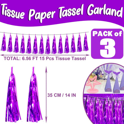 3P Purple Foil Fringe Metallic Tassel Streamers Banner Tassel Garland for Parade Floats, Bachelorette, Wedding, Birthday, Halloween, Christmas, Bridal/Baby Shower Party Decorations