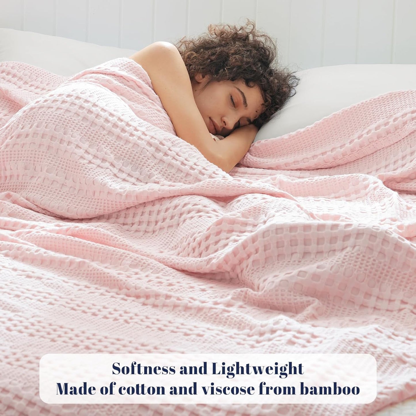 PHF Cooling Waffle Blanket Queen Size, Lightweight 60% Rayon Derived from Bamboo & 40% Cotton Breathable Blanket for Hot Sleepers, Soft and Luxury for Bed Couch and Sofa, 90"x90", Pink