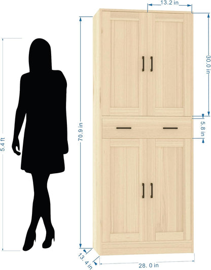 Oak Kitchen Pantry, 71" Tall Storage Cabinet with Doors and Drawer for Kitchen, Hallway, Office