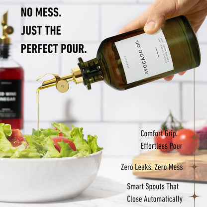 Green Glass Olive Oil Dispenser Bottle For Kitchen By Verpsace,Avocado Oil Dispenser Set, Modern Decor, Gold Kitchen Accessories for Home, Airbnb, Cafe (Gold, Set of 2)