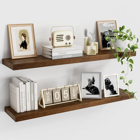Wood Floating Shelves for Wall 36” x 8”x 1.4” Shelf Floating Rustic Farmhouse Decor, Heavy Duty Shelf Hold 80 lbs, Wall Shelves for Bathroom Living Room Kitchen Bedroom Office, 2 Packs Walnut