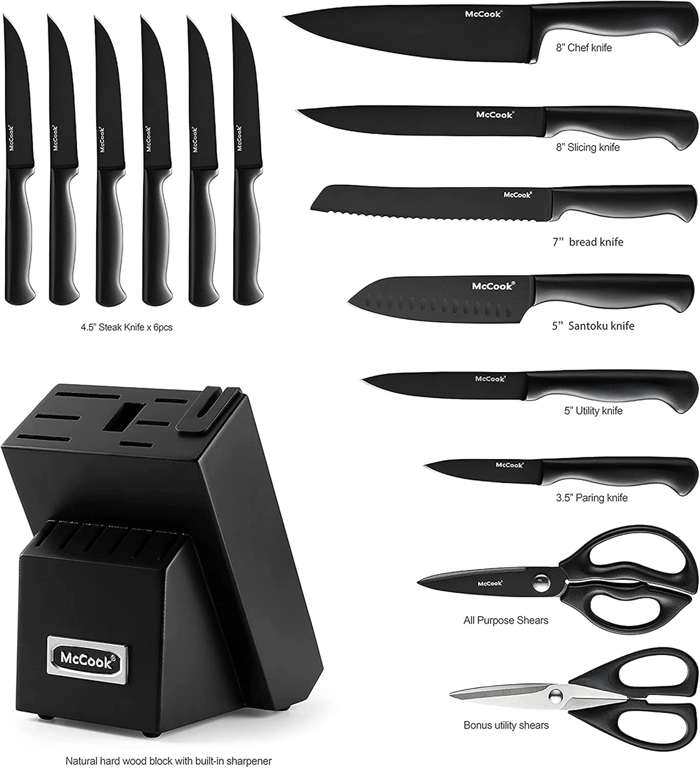 McCook® Knife Sets,German Stainless Steel Knife Block Sets with Built-in Sharpener, Black