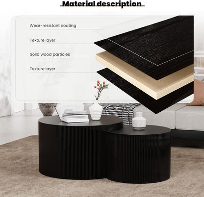 Round Nesting Coffee Table, Drum Wood Coffee Table Set of 2 Black, Modern Fluted Nesting Tables Circle Center Table 2 Piece for Small Spaces Living Room Bedroom Balcony Office, No Assembling