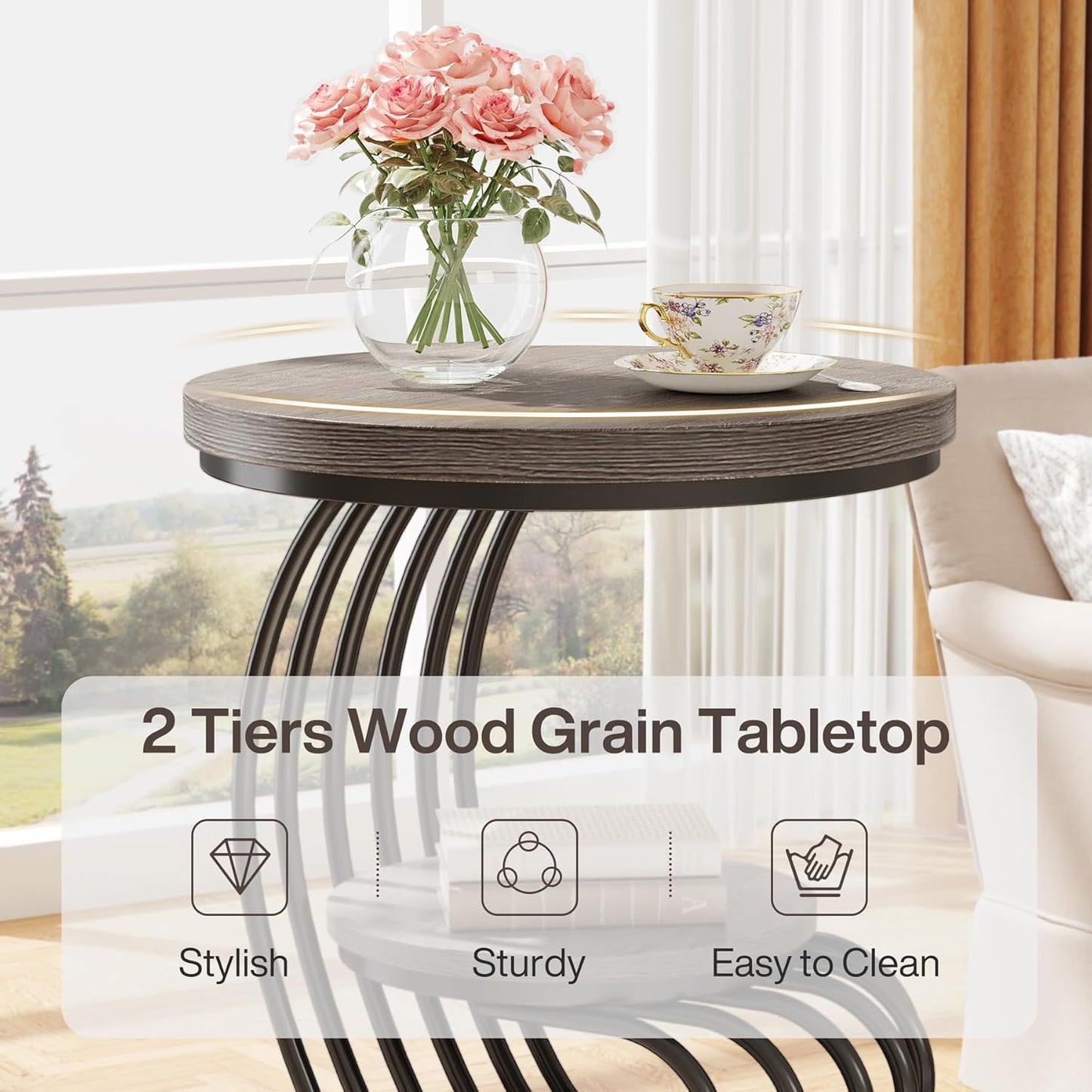 Tribesigns Round End Table: 2 Tiers Wood Side Table Set of 2 with Storage Shelf, Rustic Gray Bedside Nightstand, Accent Table for Living Room, Bedroom
