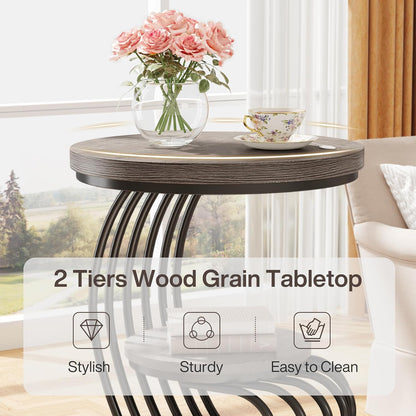 Tribesigns Round End Table: 2 Tiers Wood Side Table with Storage Shelf, Rustic Gray Bedside Nightstand, Metal Arc-Shaped Frame Accent Table for Living Room, Bedroom