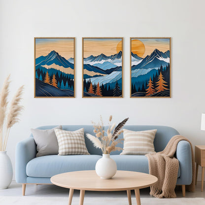 Blue Woodcut Mountain Framed Canvas Wall Art Set, Boho Abstract Ridge Wall Decor, Pine Tree Landscape Wall Painting, Sunrise Forest Art Print for Living Room, Bedroom, Office - 16"X24"X3
