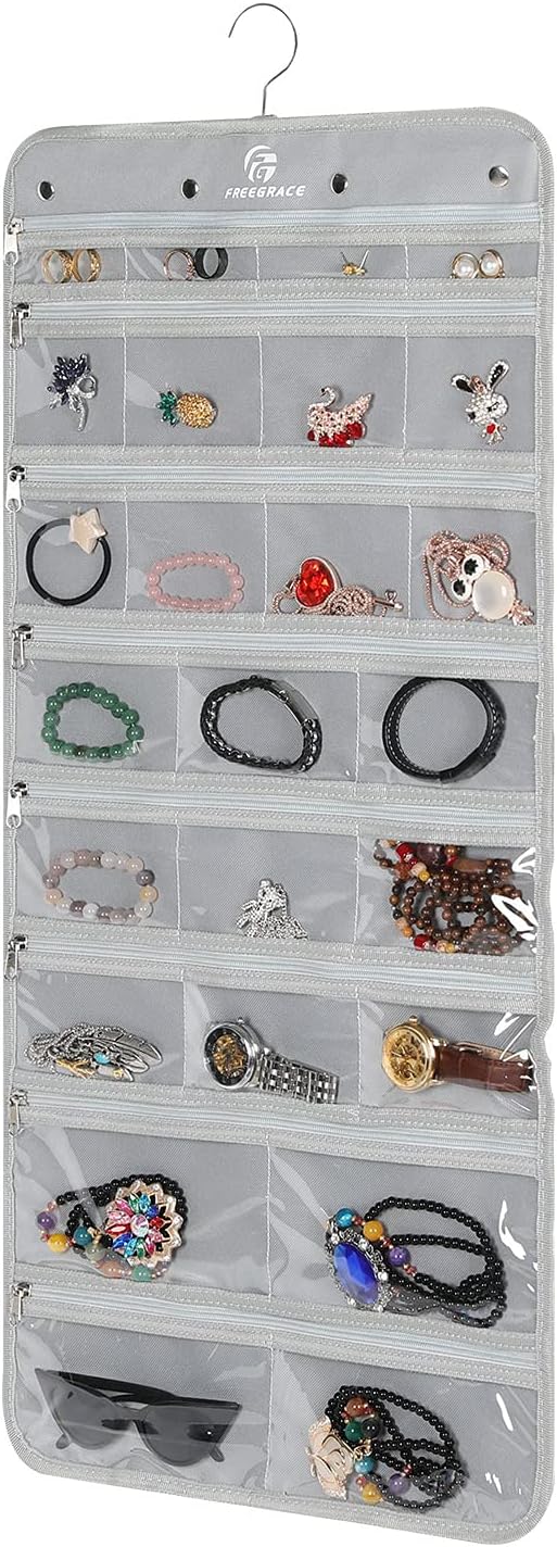 Freegrace Hanging Jewelry Organizer Revolving Hanger - Secure Zipper Closure - 50 Pockets - Foldable Storage & Display Solution - For All Jewelry & Bijoux (Gray)