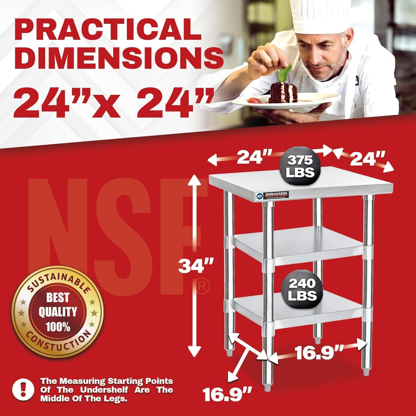 DuraSteel Food Prep Stainless Steel Table - 24 x 24 Inch Commercial Metal Workbench with Adjustable Under Shelf - NSF Certified - for Restaurant, Warehouse, Home, Kitchen, Garage