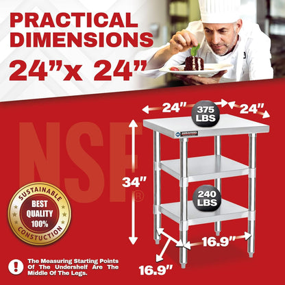 DuraSteel Food Prep Stainless Steel Table - 24 x 24 Inch Commercial Metal Workbench with Adjustable Under Shelf - NSF Certified - for Restaurant, Warehouse, Home, Kitchen, Garage