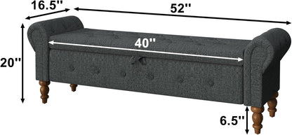 Storage Ottoman Bench for Bedroom, Linen 52" End of Bed Bench with Rolled Arms Upholstered Ottoman Bench Fit for Bedroom, Living Room, Entryway, Dark Gray