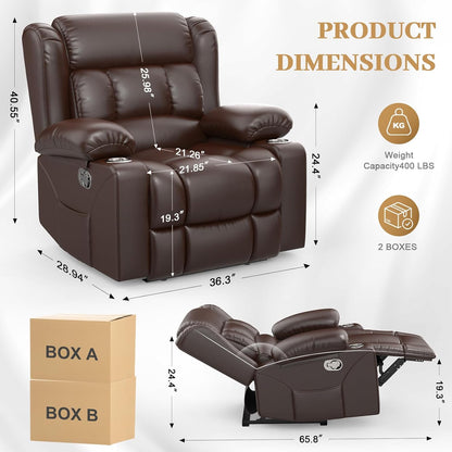 Recliner Chair for Adults, Oversized PU Leather Manual Pull Tab Reclining Chair with Cup Holders, Minimalist Style Single Sofa for Living Room, RV (Brown)