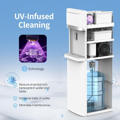 IKT Self-Cleaning Hot Cold and Room Water Cooler Dispenser and Maker Bottom Loading for 5 Gallon Bottle with Energy Saving Mode 22lbs Within 24hrs White