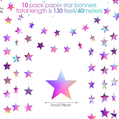 Patelai Glitter Star Garland Banner Decor 130 Feet Star Hanging Bunting Banner Twinkle Backdrop for Homecoming Classroom Wedding Birthday Halloween Christmas Party Supplies(Iridescent Purple)