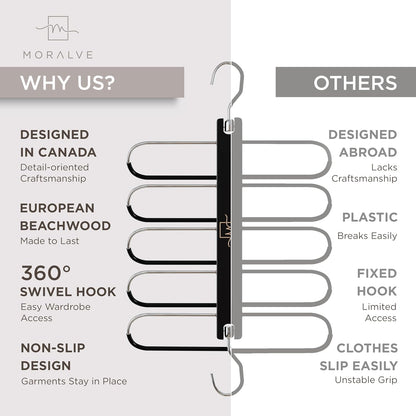 MORALVE Pants Hangers Space Saving - 2 Pack European Beechwood Scarf and Jean Hangers - Closet Organizer and Space Saver Pant Rack, Leggings Hanger, and Scarf Holder with 360° Swivel Hook