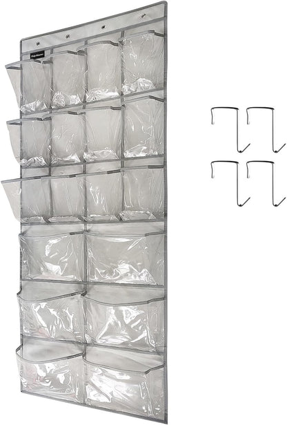 Extra Large Hanging Crystal Clear Over Door Shoe Organizer, Closet Shoe Rack with 12+6 Pockets, 8 Hooks, Grey (59"x 21.6")