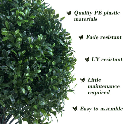 Artificial Boxwood Topiary Ball Bush for Outdoor with Spike, UV Resistant Faux Boxwood Ball Tree with Stake for Outside Set of 2, Weatherproof Round Fake Shrubs for Entryway Front Porch
