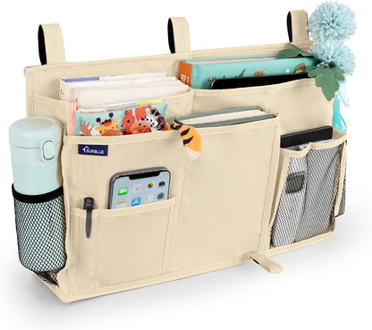 Surblue Bedside Caddy Hanging Organizer Storage Bag Pocket for Bunk, Hospital, College Dorm Rooms, Baby Bed Rails, Camp - 8 Pockets, Large, Beige