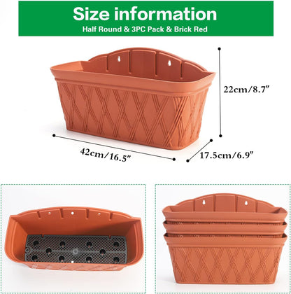 Sungmor 3 Pack Wall Hanging Planters, 16.5 Inch Railing Fence Hanging Flower Pots, Thickened Plastic Water Storage Plant Pot, Indoor Outdoor Garden Balcony Decor, Large Terracotta Color Plant Basket