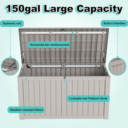 150Gal Outdoor Deck Box Waterproof, Lager Patio Storage Box Indoor and Outdoor Use, Lockable Resin Storage Bin for Patio Furniture Cushions Garden Tools, Package Delivery,UV Resistant-Grey