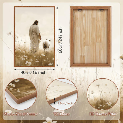 KAIRNE Jesus Framed Canvas Wall Art,Lost Sheep Wall Decor Set of 3(16”X24”),Holy Christian Art Print,Religious Scripture Pictures,Bible Renaissance Wall Painting for Living Room,Bedroom,Church Decor