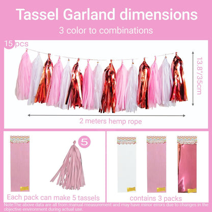 Shiny Tassel Garland Tissue Paper Tassel Banner,Tassels Party Decorations for Gender Reveal,Wedding,Birthday,Bridal/Baby Shower,Pack of 15 (Rose Gold/Pink/White)