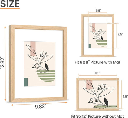 upsimples 9x12 Frame, Natural Solid Wooden Picture Frames, Display 6x8 with Mat or 9 x 12 Without Mat, Wall or Tabletop, 1 Pack, Natural