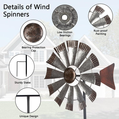 Wind Spinners Outdoor，Metal Vintage Style Single Sided Silver Windmill Kinetic Wind Spinner for Outdoor Garden Patio Yard Decor,Diameter 13 Inches