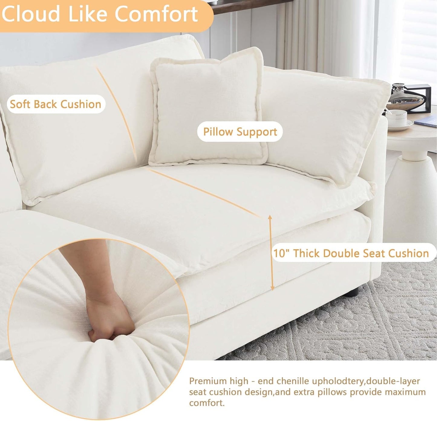 Sectional Sofa 2 Seater with Movable 1 Ottoman,Oversized Modular Couch Deep Seat (Beige, 76.7 inch-L)