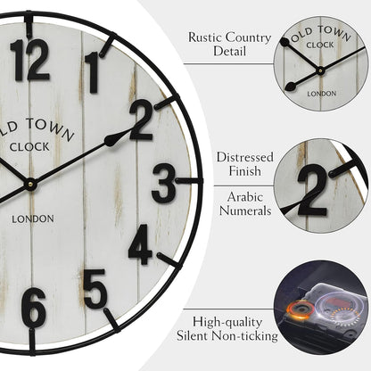 Large Old Town Farmhouse Wall Clock – 24 Inches Rustic Antique Wood with Metal Circle and Large Numerals, Silent Battery Operated Clock for Office, Kitchen, Bedroom, Living Room (Washed White)