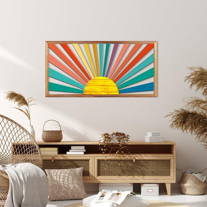IARTTOP Large Boho Sun Wall Art Framed Wooden Art Wall Decor Sun Geometric Line Sunshine Wall Art for Living Room Bedroom Office 16"" x32, red