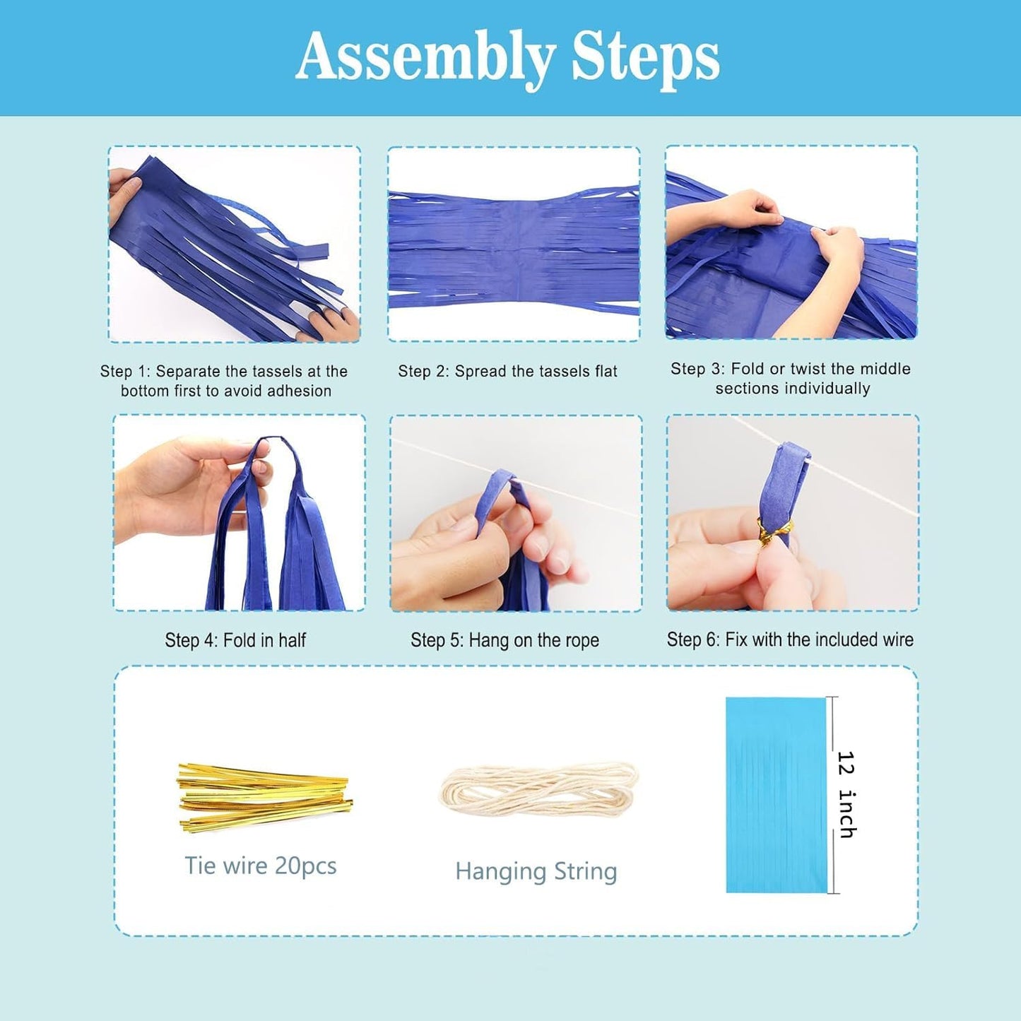 Blue Purple Mint Green Pink Tissue Paper Tassel Garland,Tissue Tassel Banner for Party Decorations,Pack of 20