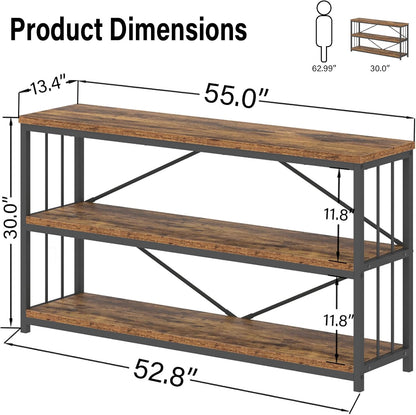 LVB Industrial Console Entryway Table, Metal Wood Rustic Sofa Table with Storage, Farmhouse 3 Tier Shelf Long Hallway Foyer Entry Tables Behind Couch for Home Living Room Entryway, Rustic Brown, 55 In