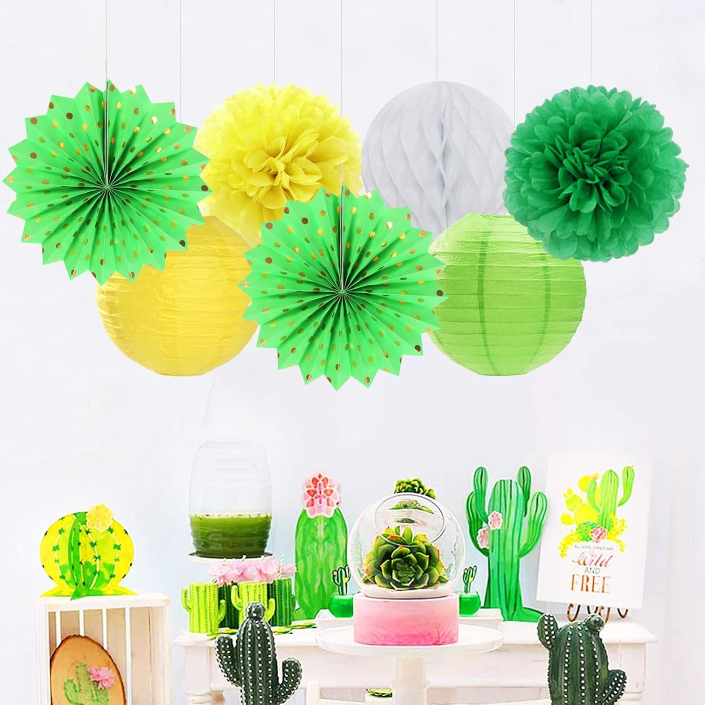 Yellow-White Green Party-Decorations Streamers-Lanterns - 14pcs Spring Summer Garden Tea Paper Fan,Birthday Baby Bridal Shower Wedding Tissue Pom Poms,Classroom Honeycomb Balls Decor Lasting Surprise