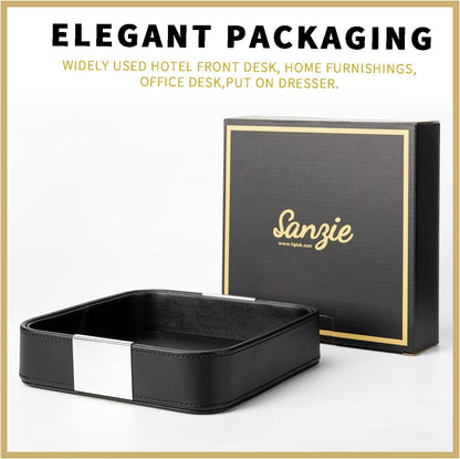 SANZIE Luxury Leather Desktop Storage Small Catchall Organizer Decorative Tray for Entryway Table to Hold Jewelry Watch Cosmetics Keys Phone Wallet, Home & Office Accessories (Metal Silvered, Black)